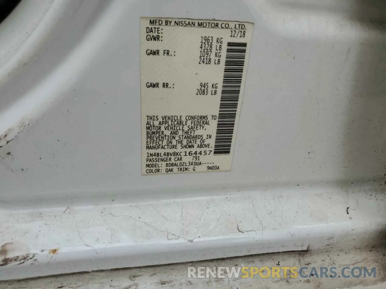 14 Фотография поврежденного автомобиля 1N4BL4BV8KC164457 NISSAN ALTIMA 2019