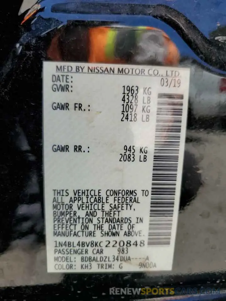 12 Photograph of a damaged car 1N4BL4BV8KC220848 NISSAN ALTIMA 2019