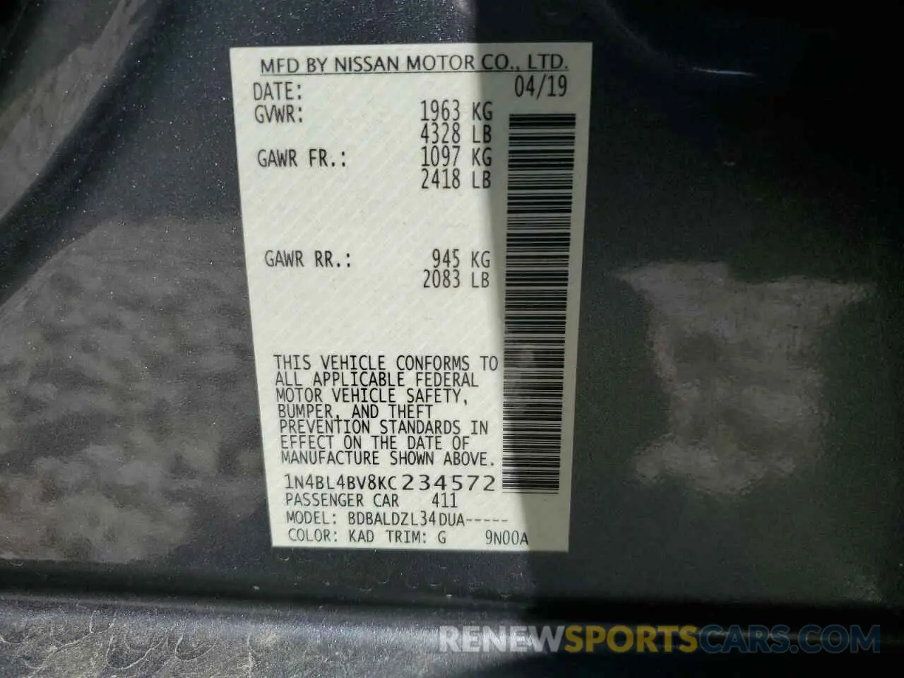 14 Фотография поврежденного автомобиля 1N4BL4BV8KC234572 NISSAN ALTIMA 2019
