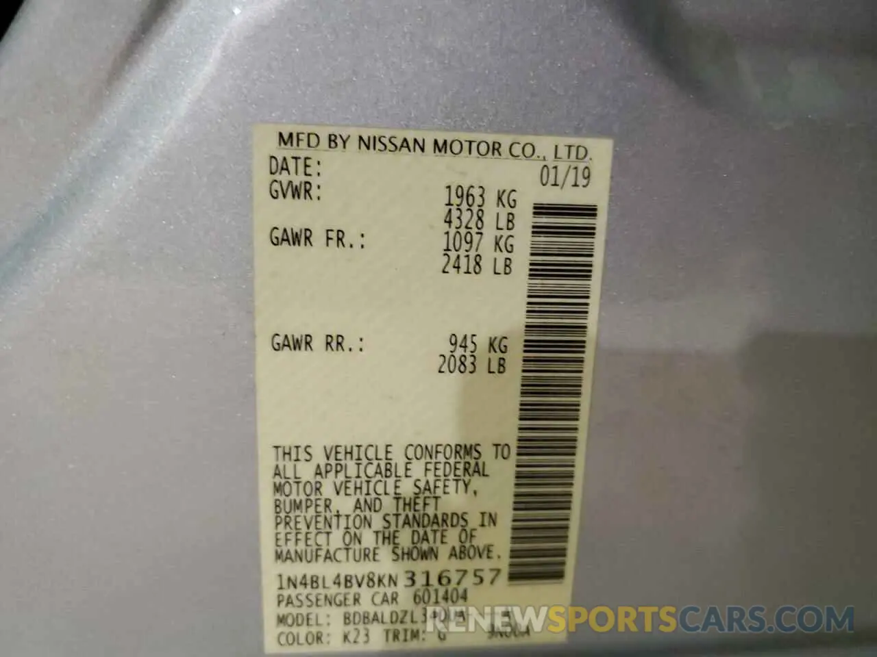 12 Photograph of a damaged car 1N4BL4BV8KN316757 NISSAN ALTIMA 2019