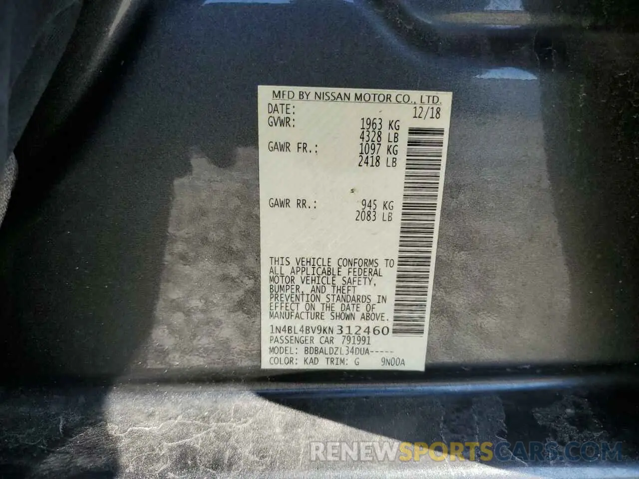 12 Фотография поврежденного автомобиля 1N4BL4BV9KN312460 NISSAN ALTIMA 2019