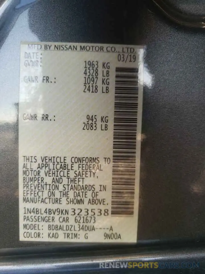 12 Photograph of a damaged car 1N4BL4BV9KN323538 NISSAN ALTIMA 2019