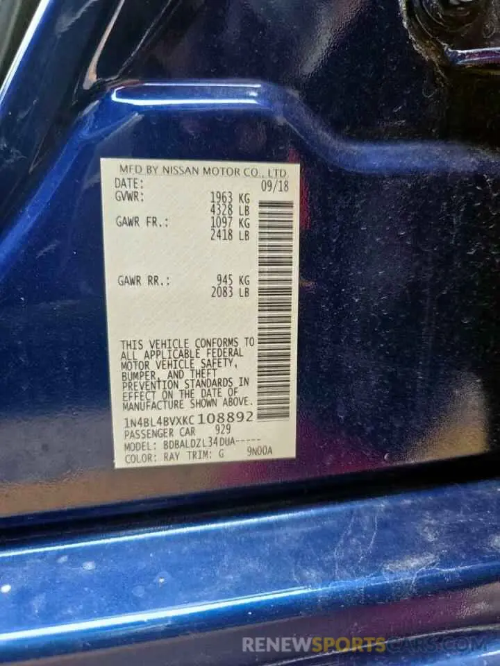 10 Photograph of a damaged car 1N4BL4BVXKC108892 NISSAN ALTIMA 2019