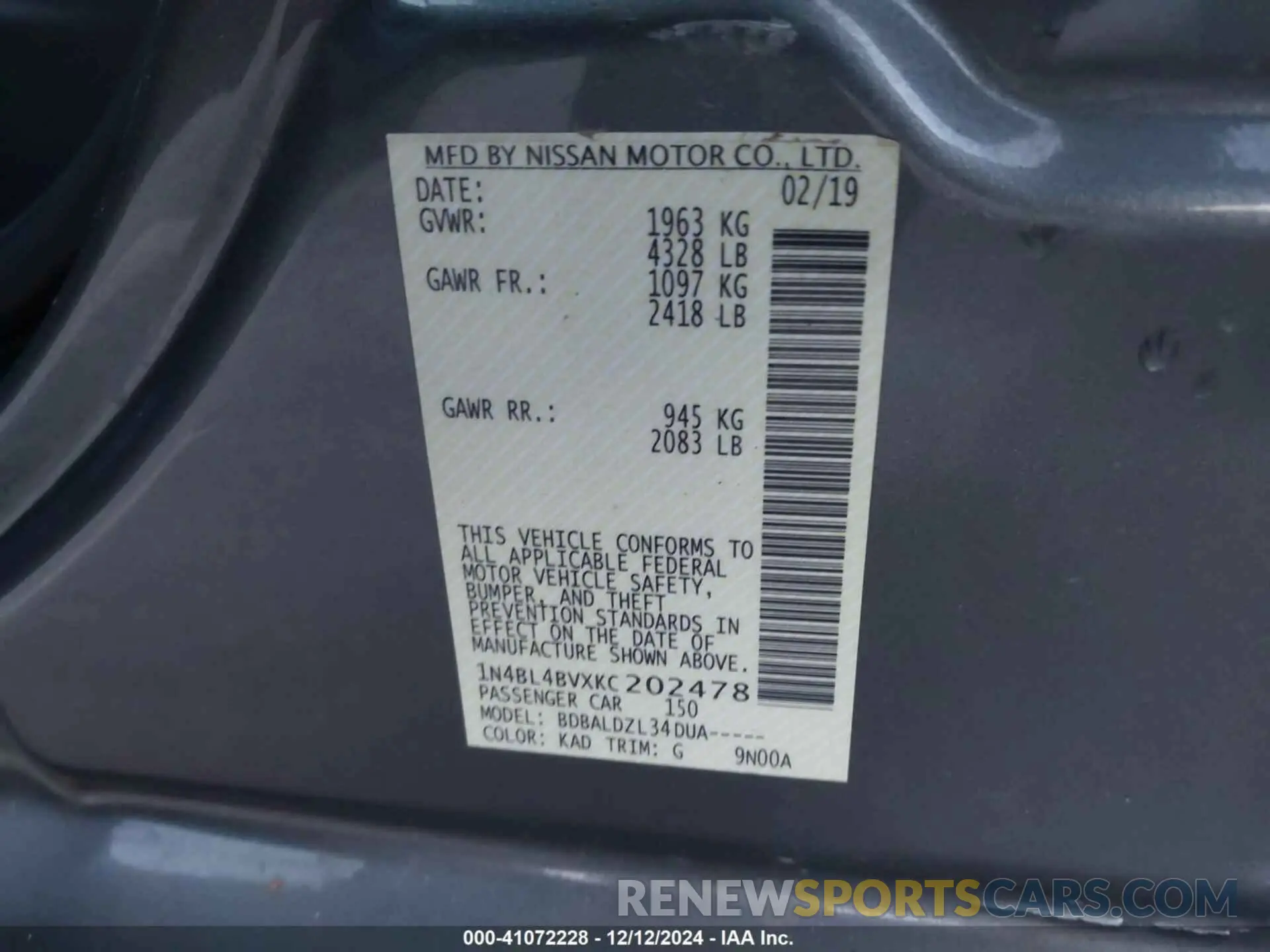9 Фотография поврежденного автомобиля 1N4BL4BVXKC202478 NISSAN ALTIMA 2019