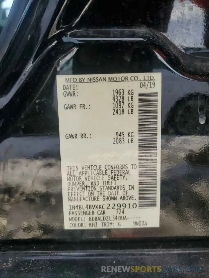 12 Photograph of a damaged car 1N4BL4BVXKC229910 NISSAN ALTIMA 2019