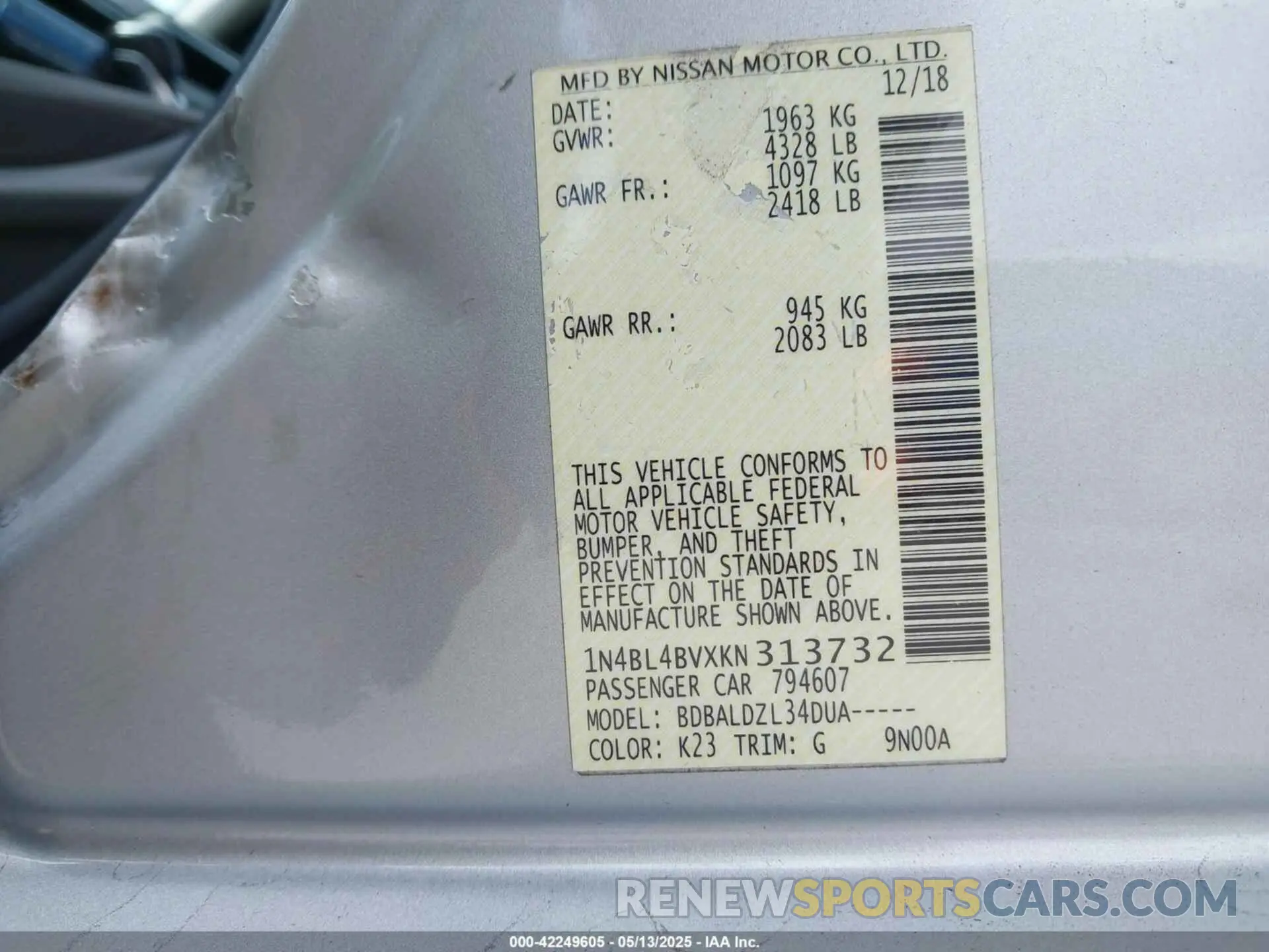 9 Photograph of a damaged car 1N4BL4BVXKN313732 NISSAN ALTIMA 2019