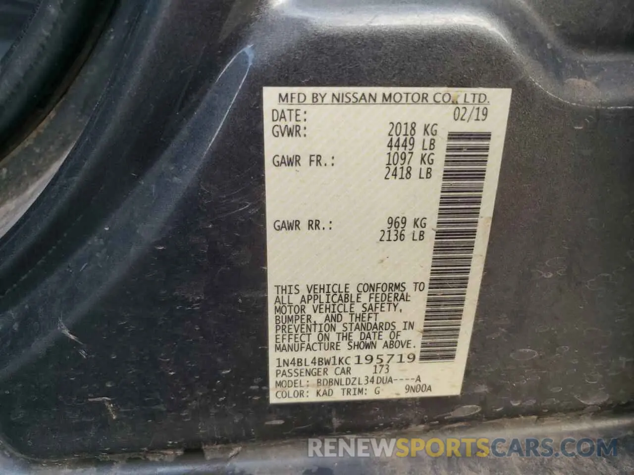12 Photograph of a damaged car 1N4BL4BW1KC195719 NISSAN ALTIMA 2019