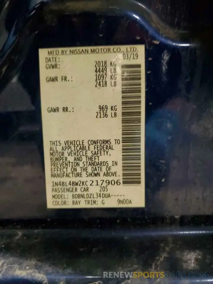 13 Photograph of a damaged car 1N4BL4BW2KC217906 NISSAN ALTIMA 2019