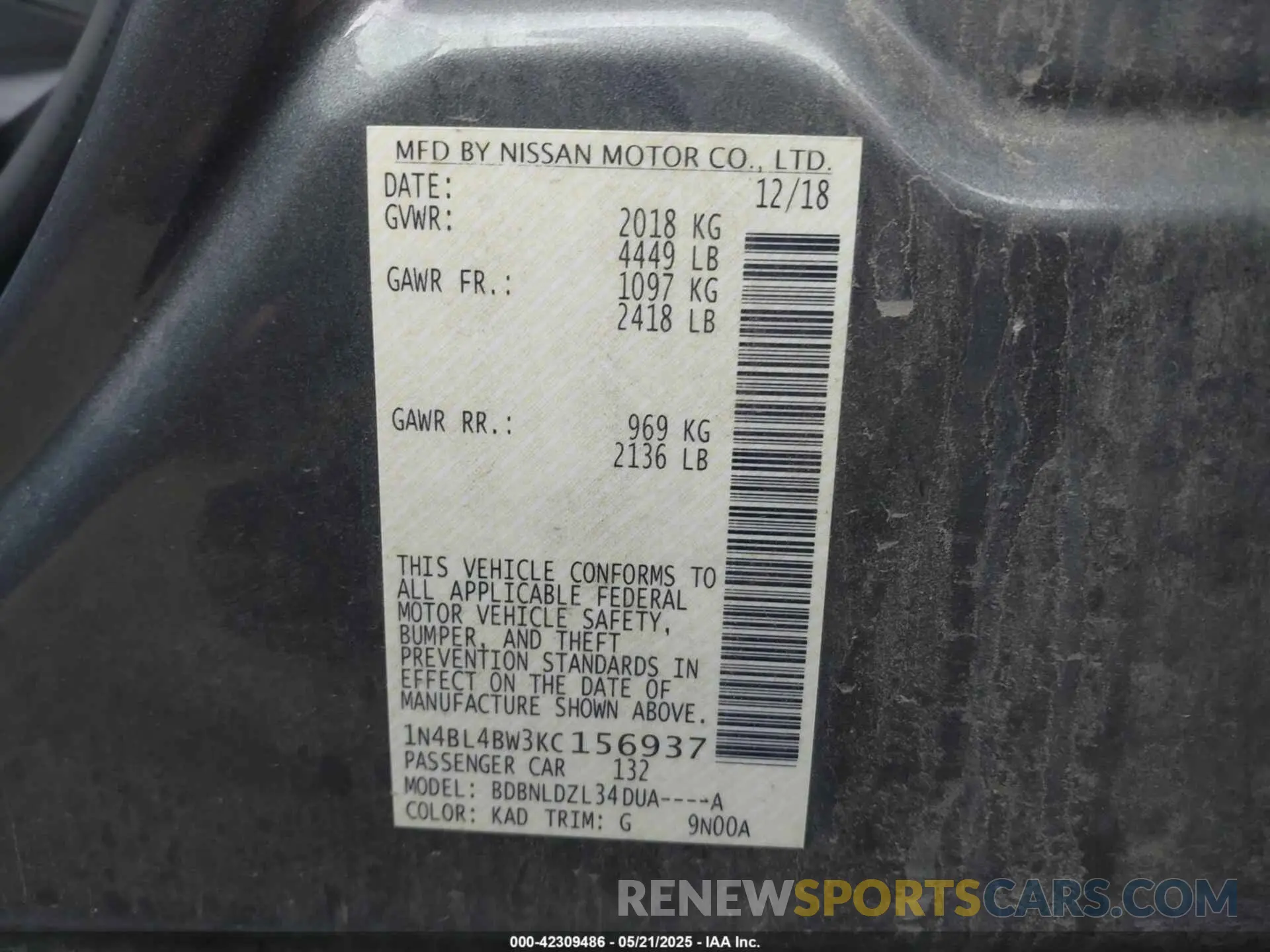 9 Photograph of a damaged car 1N4BL4BW3KC156937 NISSAN ALTIMA 2019
