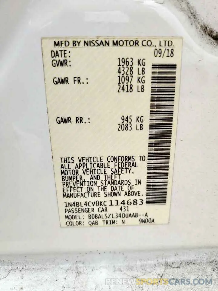 13 Photograph of a damaged car 1N4BL4CV0KC114683 NISSAN ALTIMA 2019