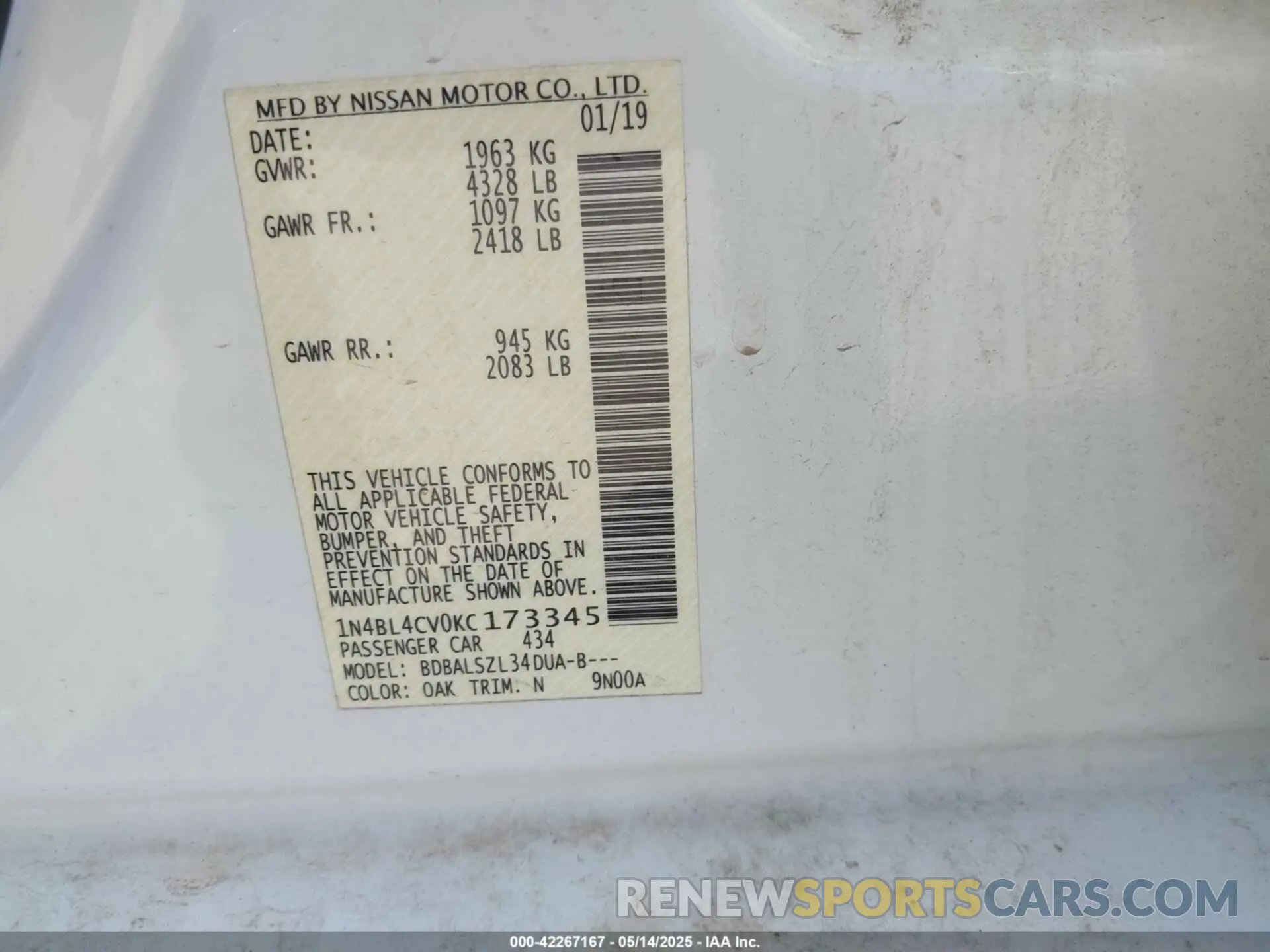 9 Photograph of a damaged car 1N4BL4CV0KC173345 NISSAN ALTIMA 2019