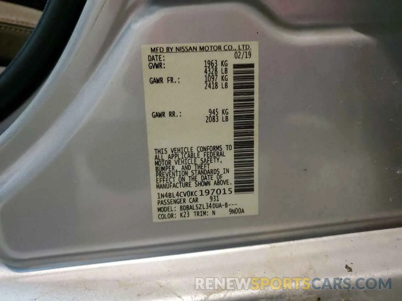 12 Photograph of a damaged car 1N4BL4CV0KC197015 NISSAN ALTIMA 2019