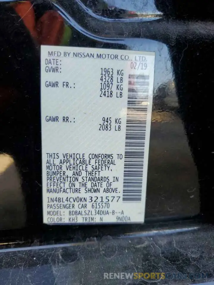 13 Photograph of a damaged car 1N4BL4CV0KN321577 NISSAN ALTIMA 2019
