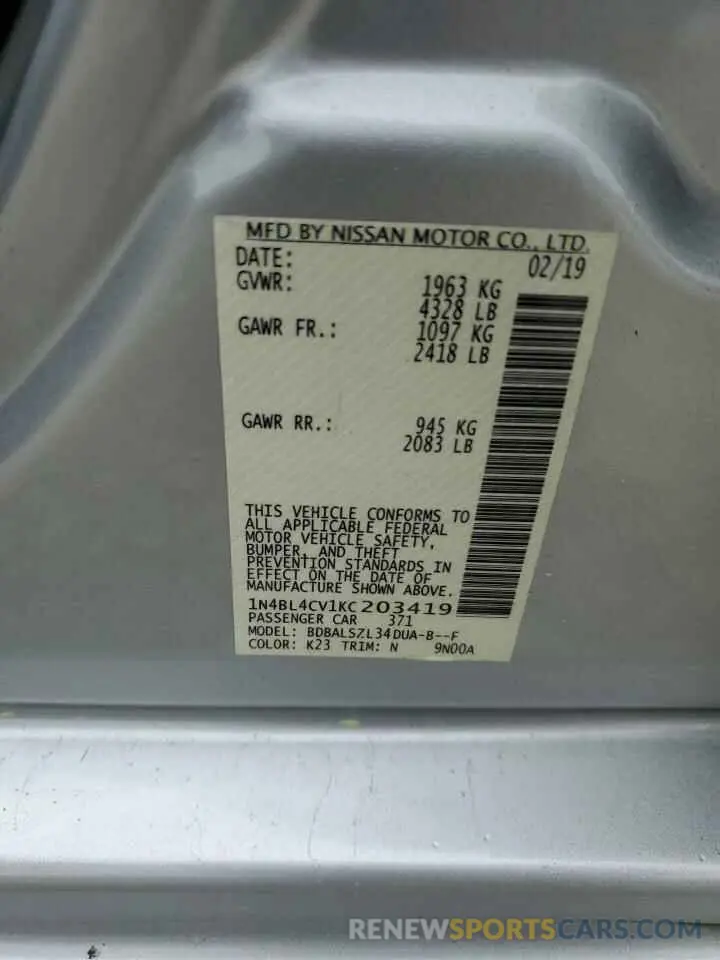 12 Photograph of a damaged car 1N4BL4CV1KC203419 NISSAN ALTIMA 2019