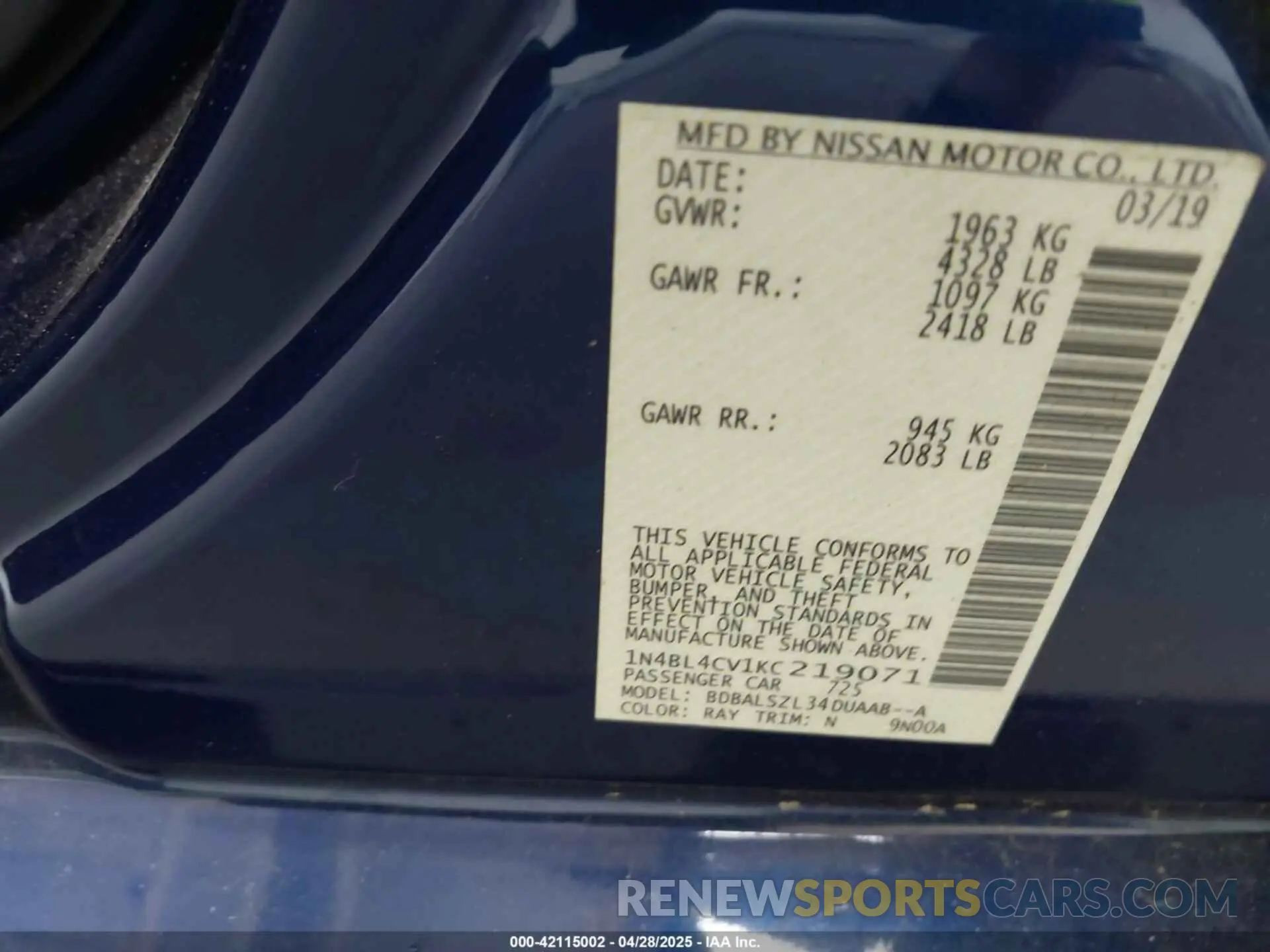 9 Photograph of a damaged car 1N4BL4CV1KC219071 NISSAN ALTIMA 2019