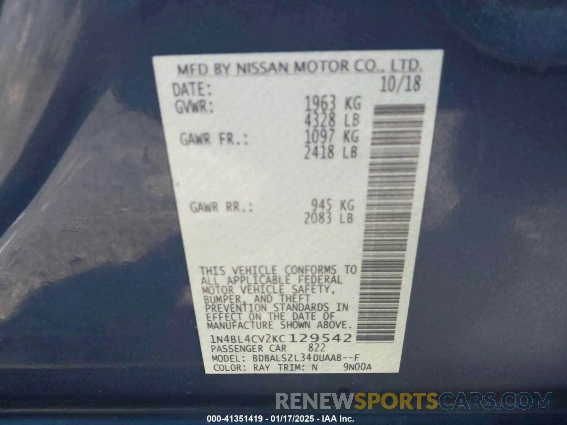 9 Photograph of a damaged car 1N4BL4CV2KC129542 NISSAN ALTIMA 2019