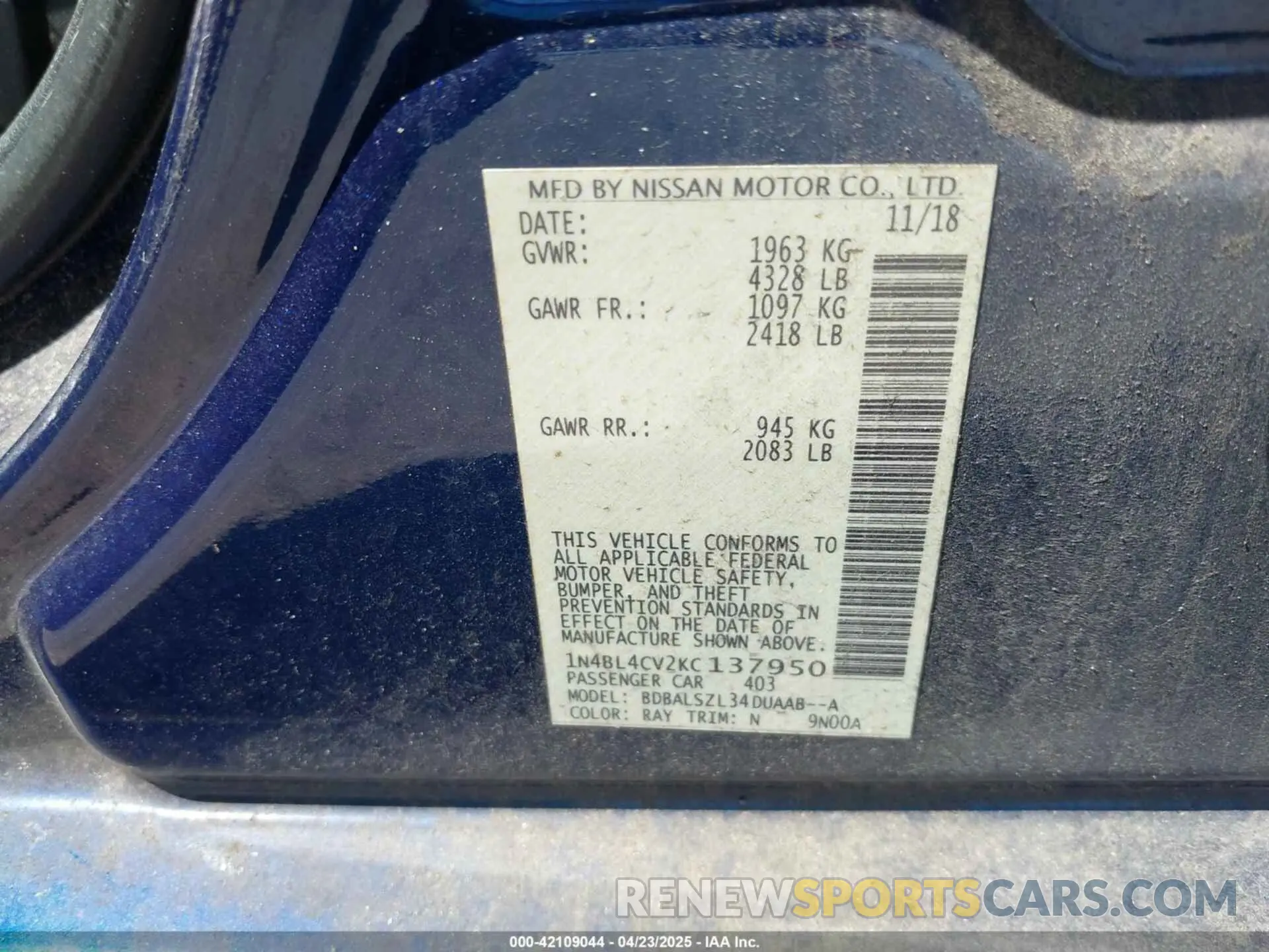 9 Photograph of a damaged car 1N4BL4CV2KC137950 NISSAN ALTIMA 2019
