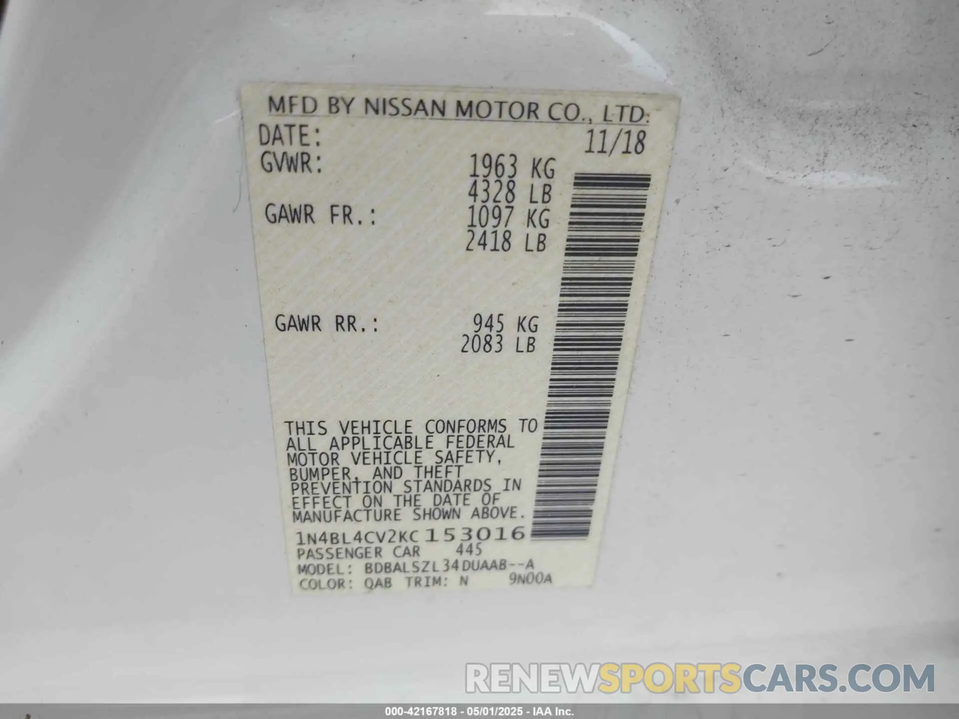 9 Photograph of a damaged car 1N4BL4CV2KC153016 NISSAN ALTIMA 2019