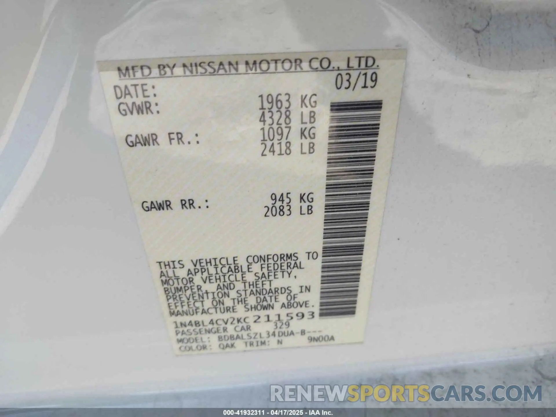 9 Фотография поврежденного автомобиля 1N4BL4CV2KC211593 NISSAN ALTIMA 2019