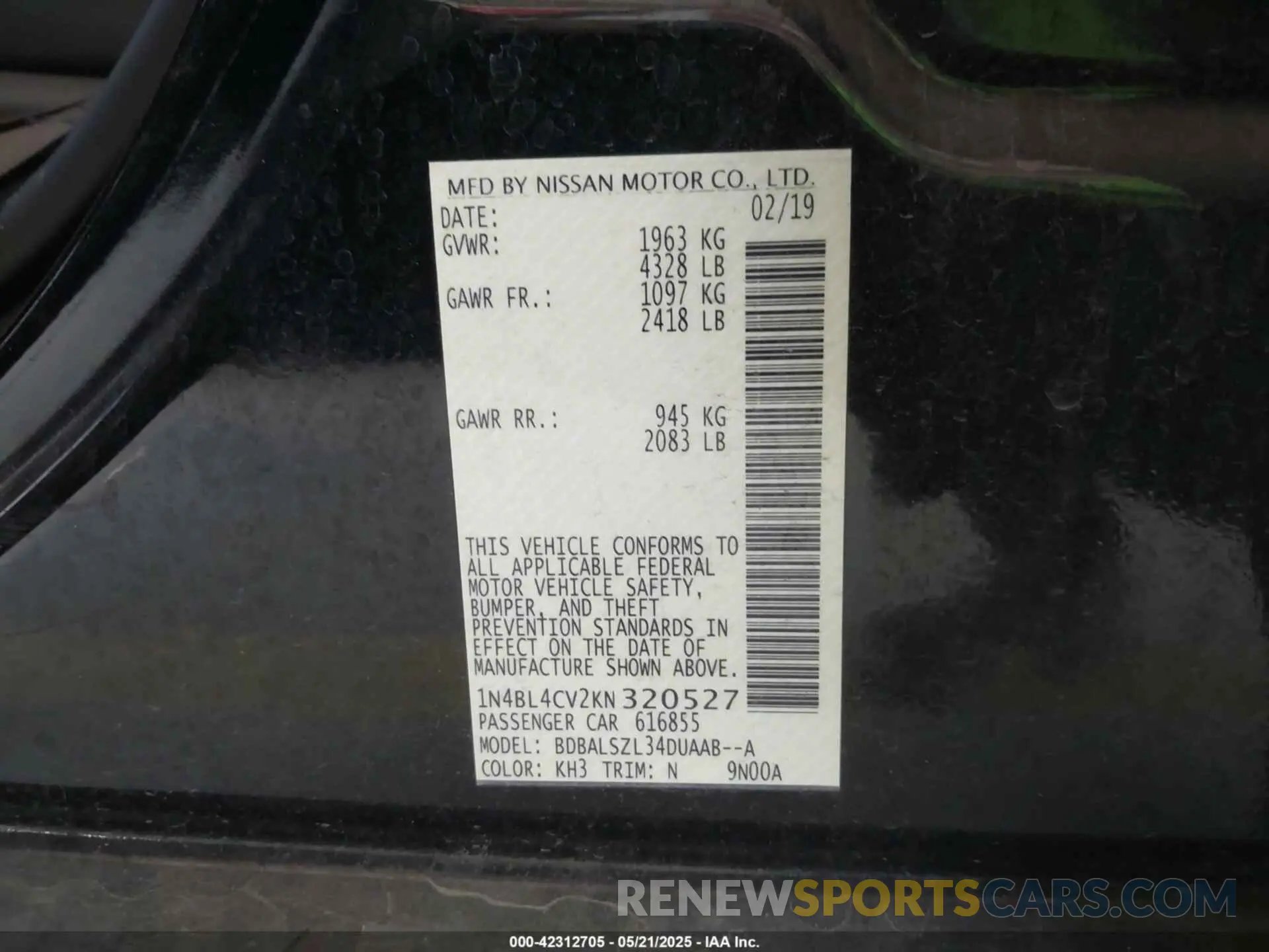 9 Photograph of a damaged car 1N4BL4CV2KN320527 NISSAN ALTIMA 2019