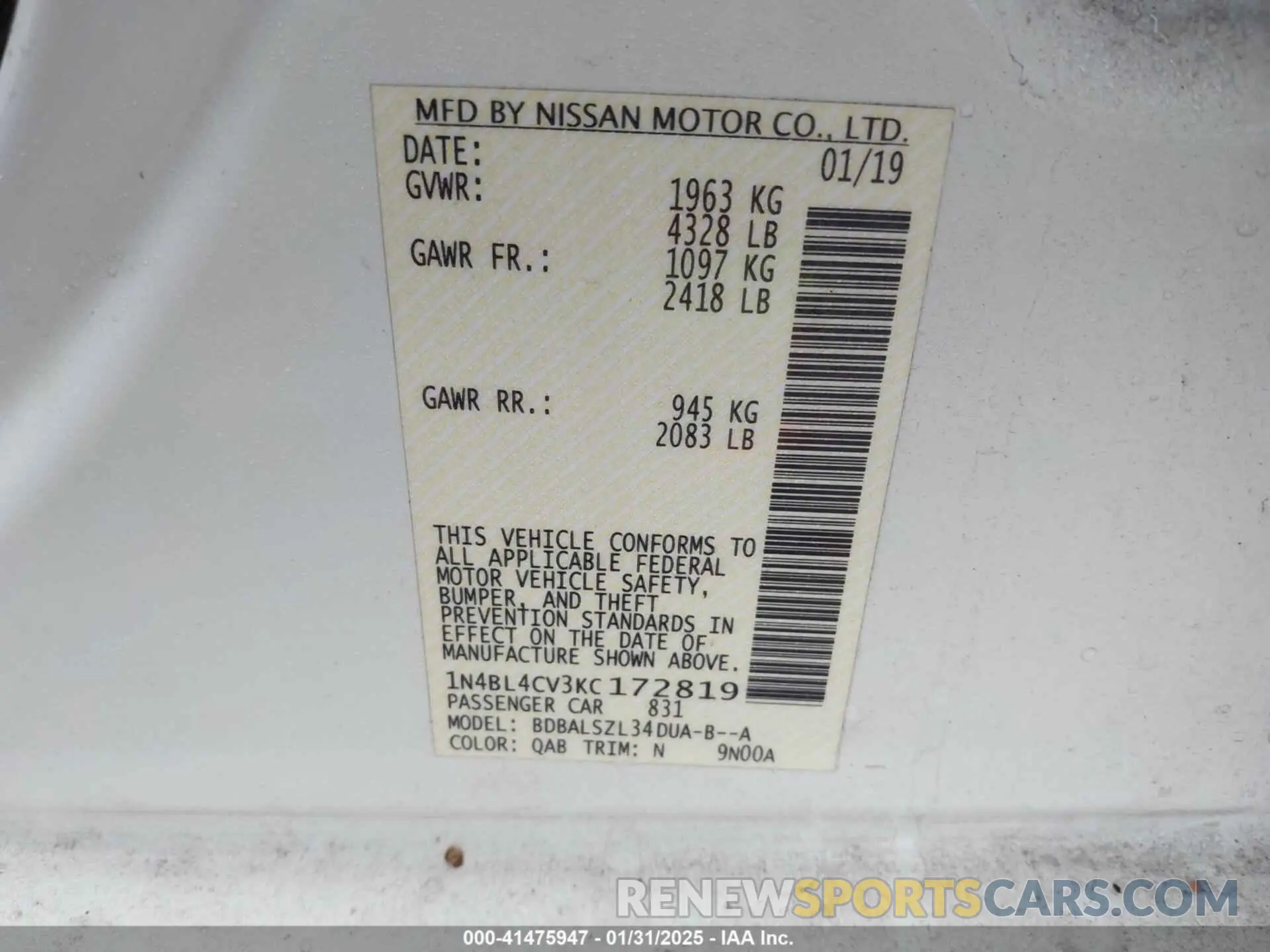 9 Photograph of a damaged car 1N4BL4CV3KC172819 NISSAN ALTIMA 2019