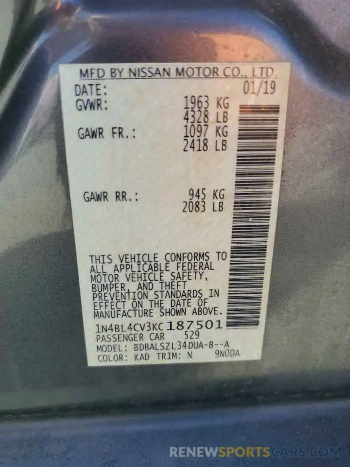 13 Photograph of a damaged car 1N4BL4CV3KC187501 NISSAN ALTIMA 2019