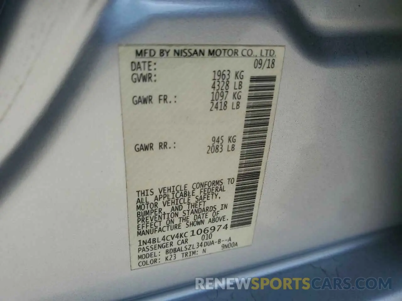14 Photograph of a damaged car 1N4BL4CV4KC106974 NISSAN ALTIMA 2019