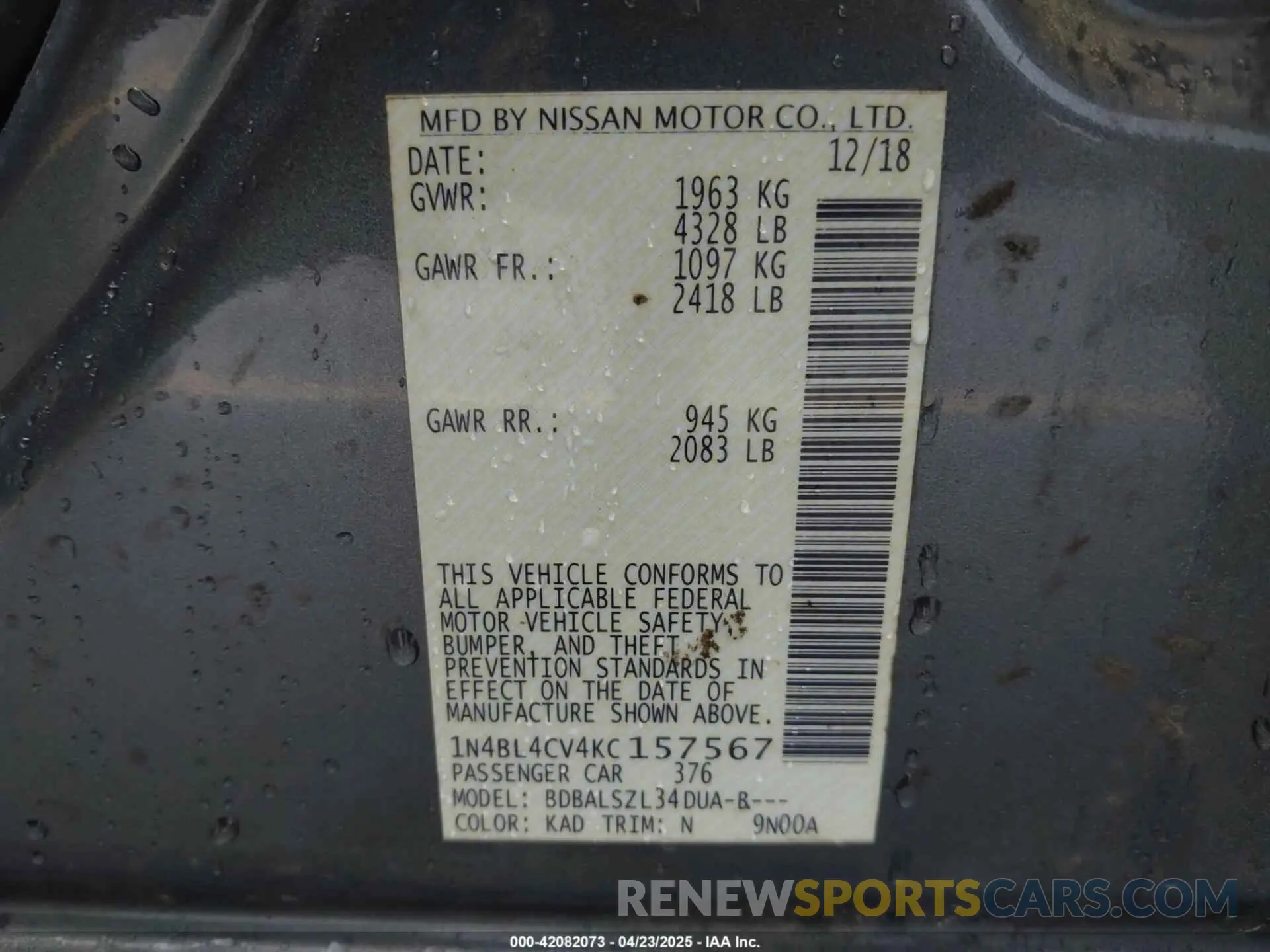 9 Фотография поврежденного автомобиля 1N4BL4CV4KC157567 NISSAN ALTIMA 2019