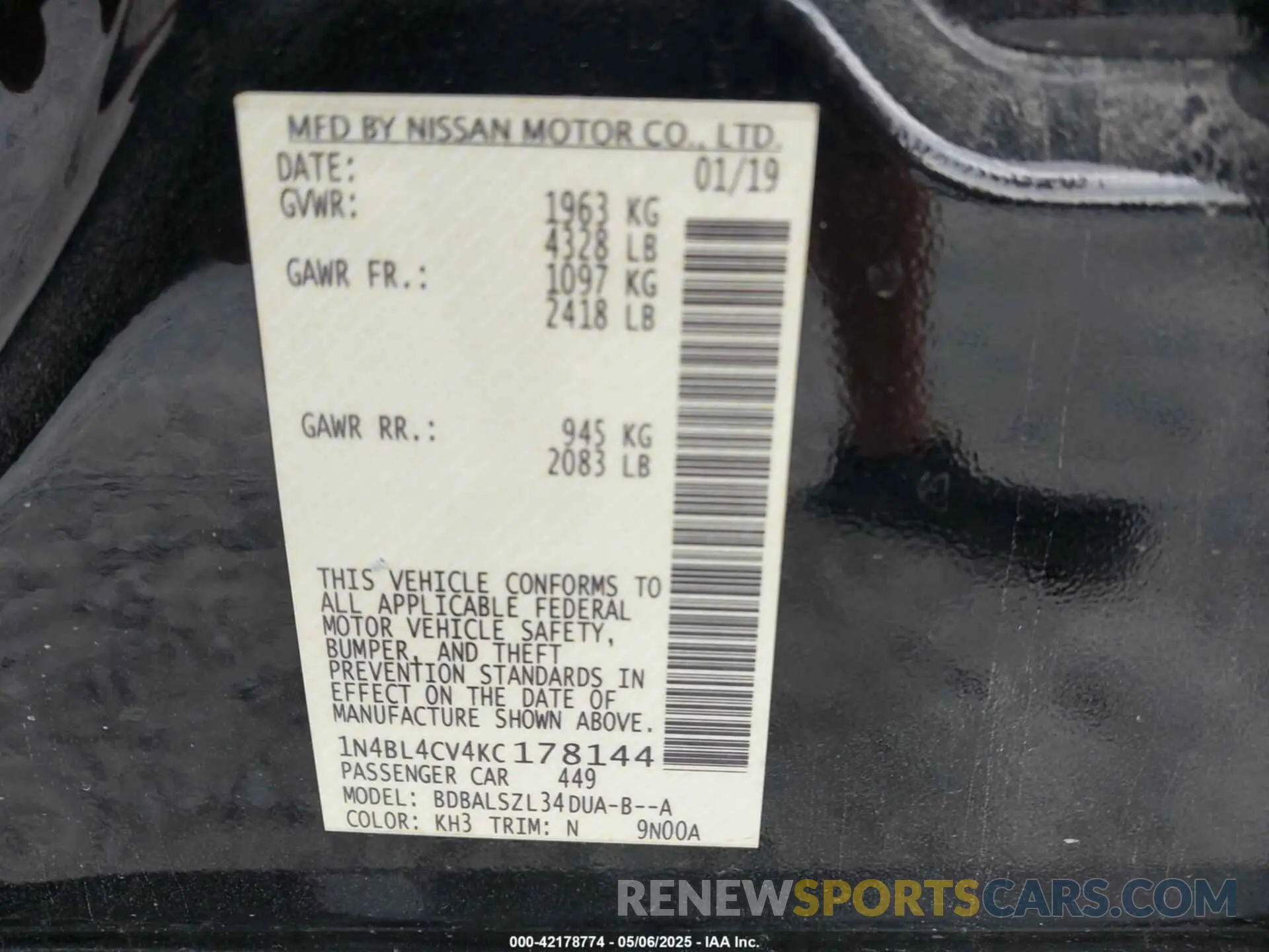 9 Photograph of a damaged car 1N4BL4CV4KC178144 NISSAN ALTIMA 2019