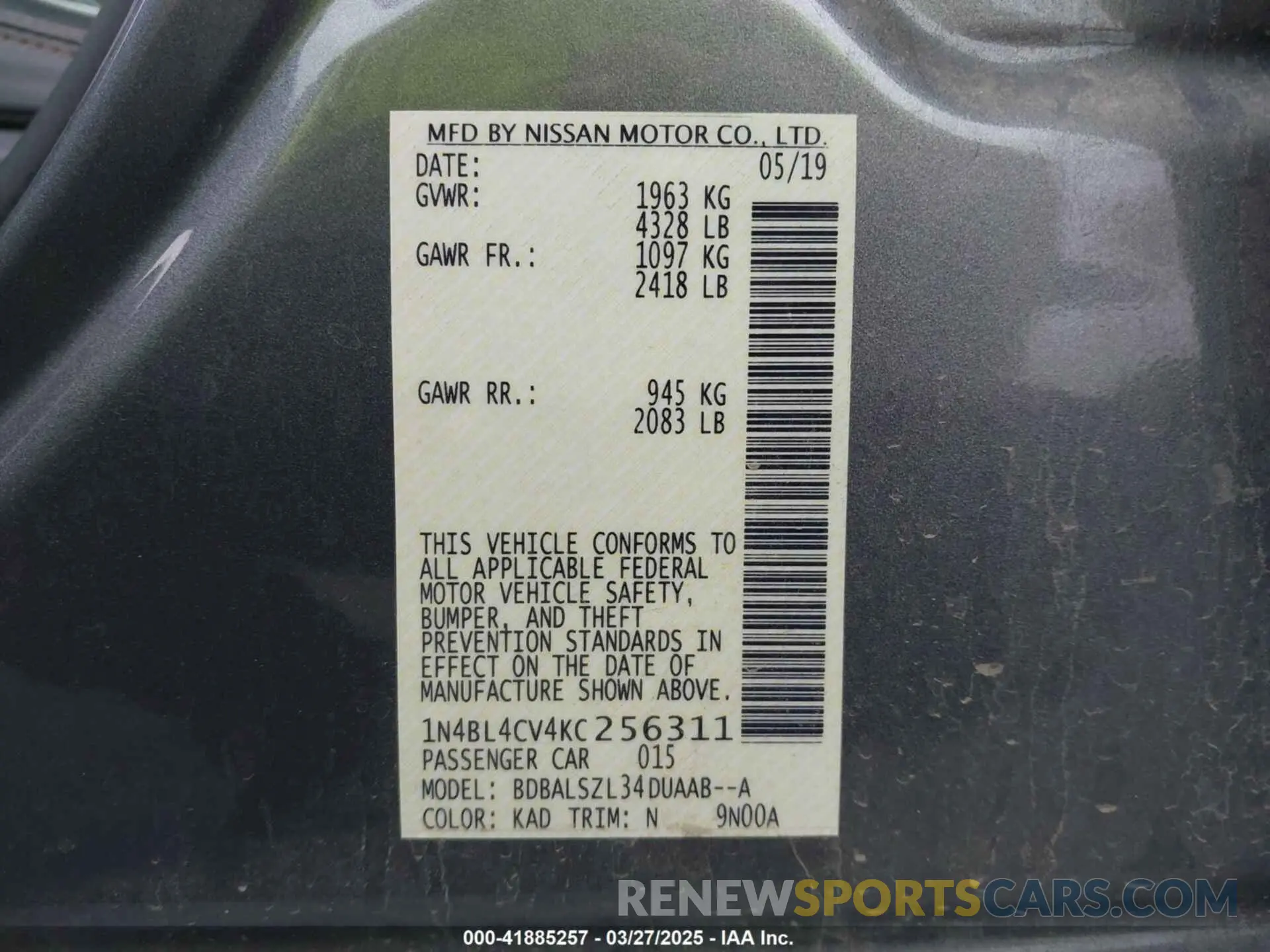 9 Photograph of a damaged car 1N4BL4CV4KC256311 NISSAN ALTIMA 2019