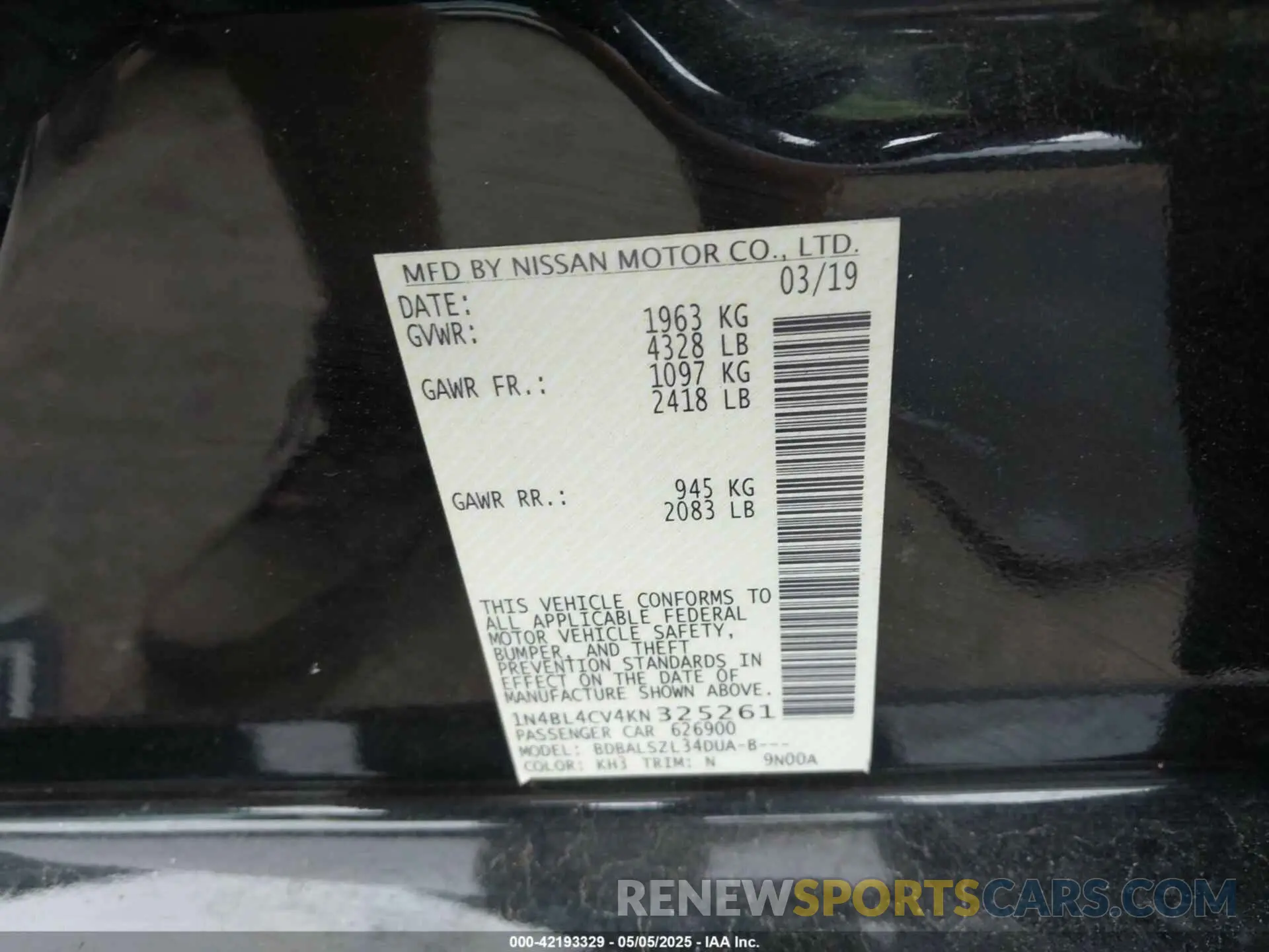 9 Photograph of a damaged car 1N4BL4CV4KN325261 NISSAN ALTIMA 2019