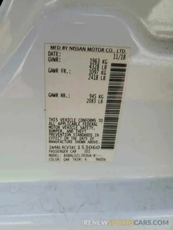 12 Photograph of a damaged car 1N4BL4CV5KC153060 NISSAN ALTIMA 2019