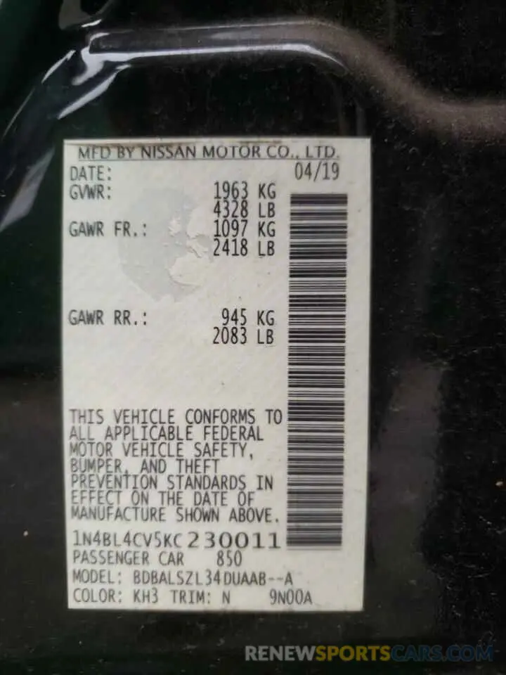 12 Photograph of a damaged car 1N4BL4CV5KC230011 NISSAN ALTIMA 2019