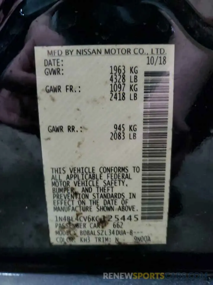 12 Photograph of a damaged car 1N4BL4CV6KC125445 NISSAN ALTIMA 2019