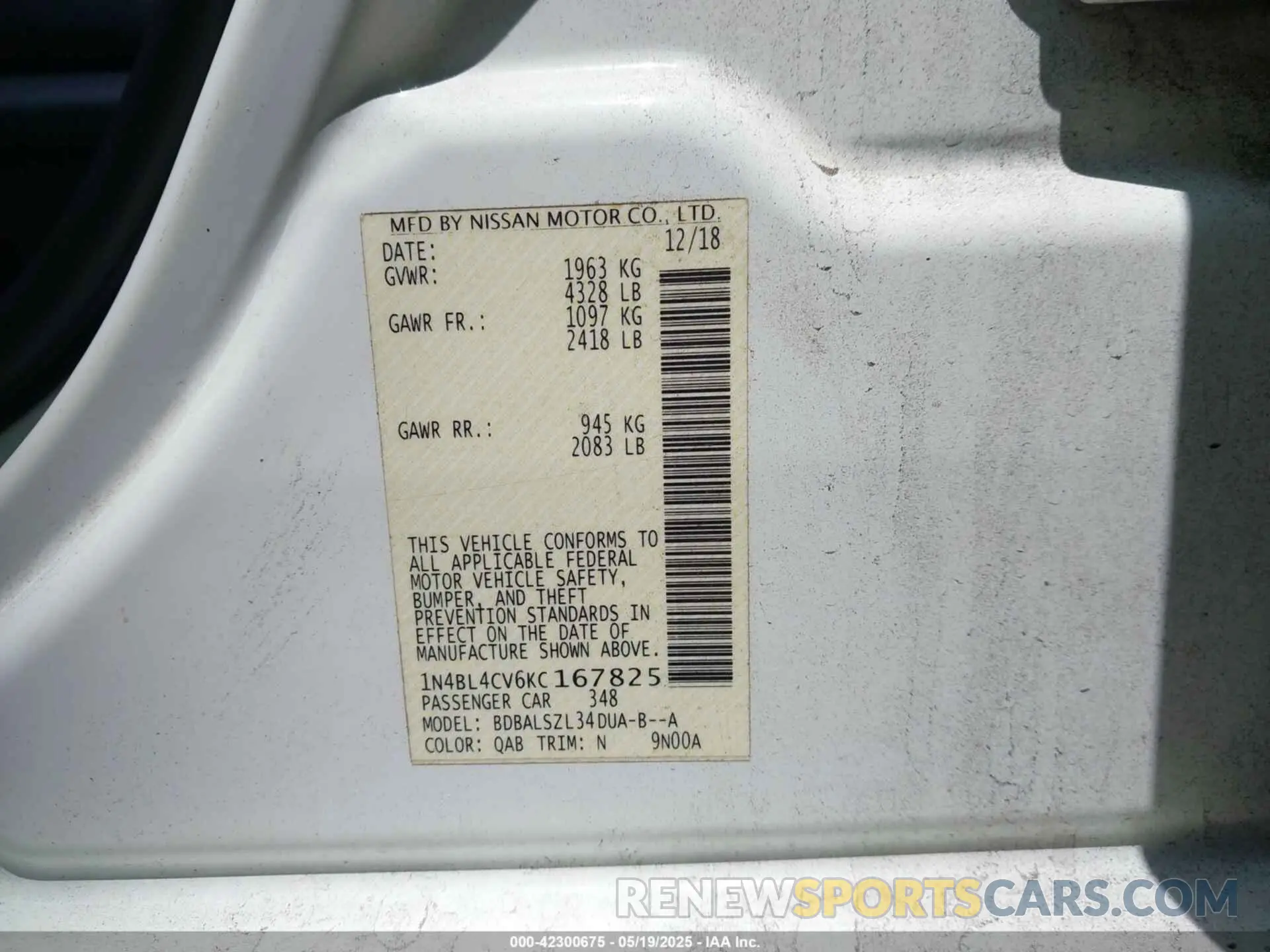 9 Photograph of a damaged car 1N4BL4CV6KC167825 NISSAN ALTIMA 2019