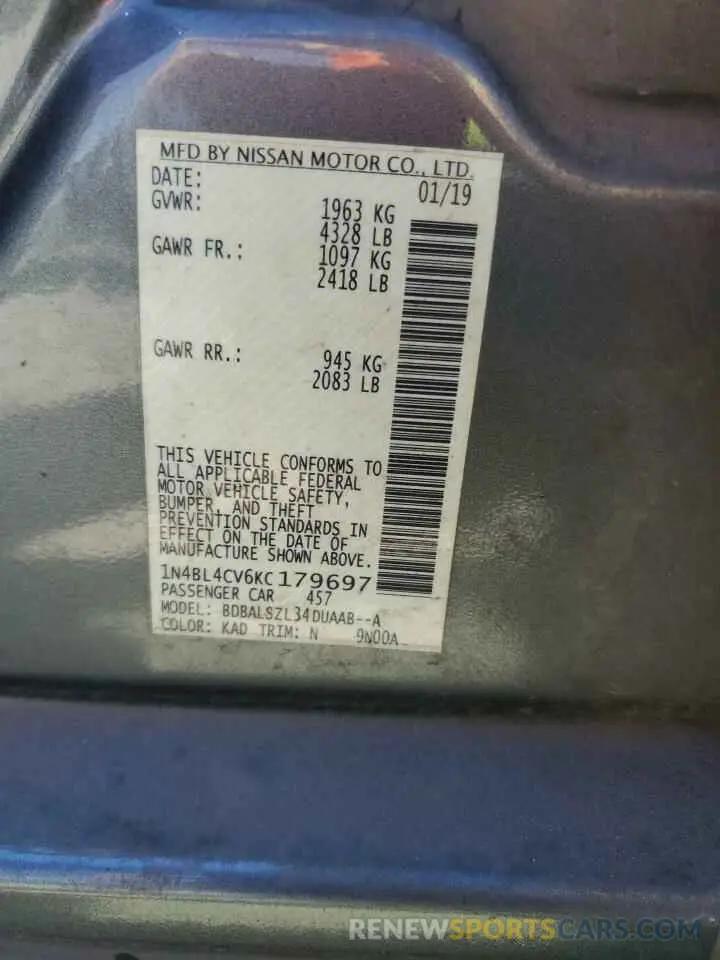 13 Photograph of a damaged car 1N4BL4CV6KC179697 NISSAN ALTIMA 2019