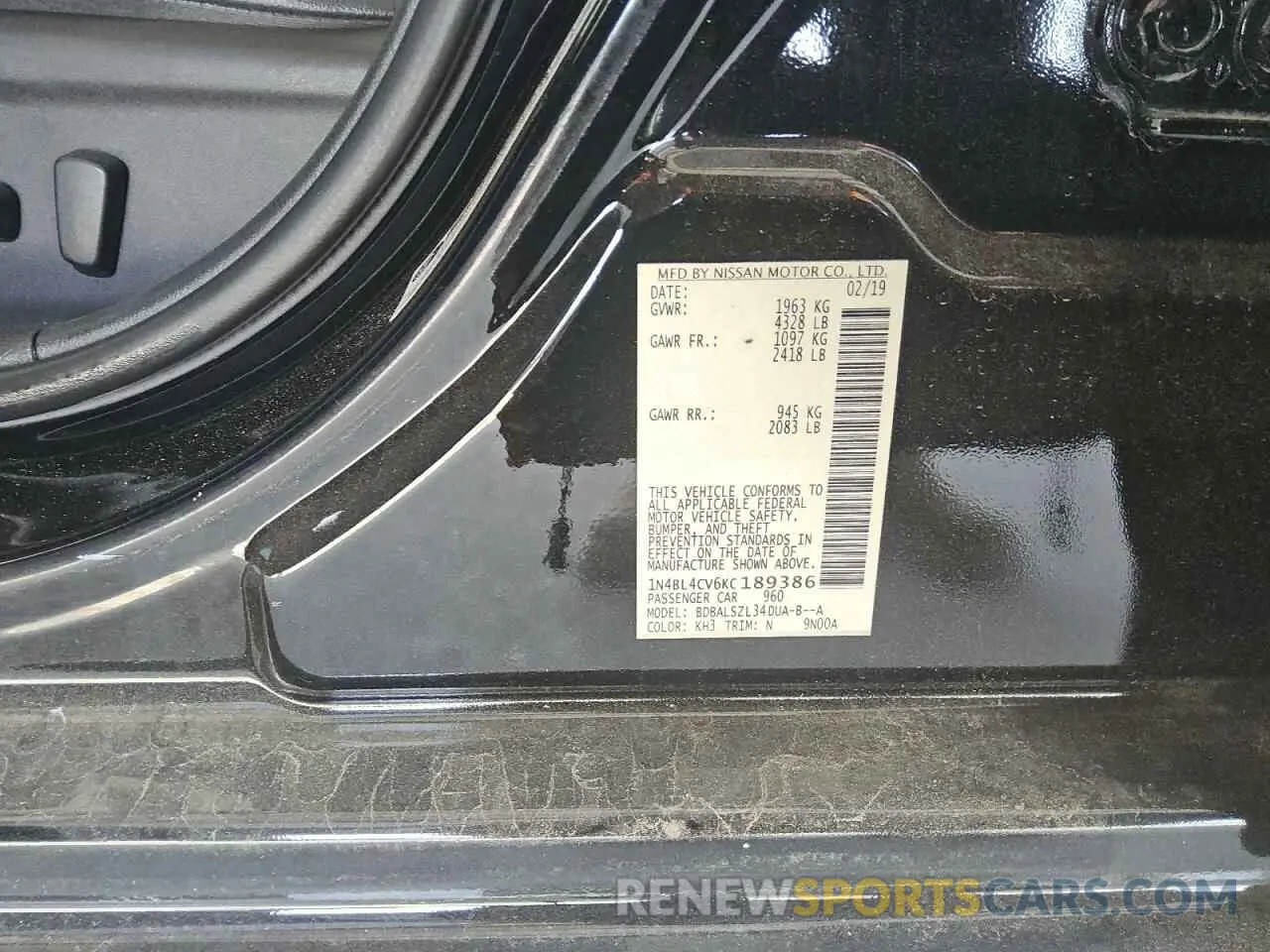 12 Photograph of a damaged car 1N4BL4CV6KC189386 NISSAN ALTIMA 2019
