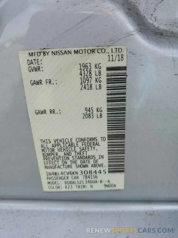 14 Фотография поврежденного автомобиля 1N4BL4CV6KN308445 NISSAN ALTIMA 2019