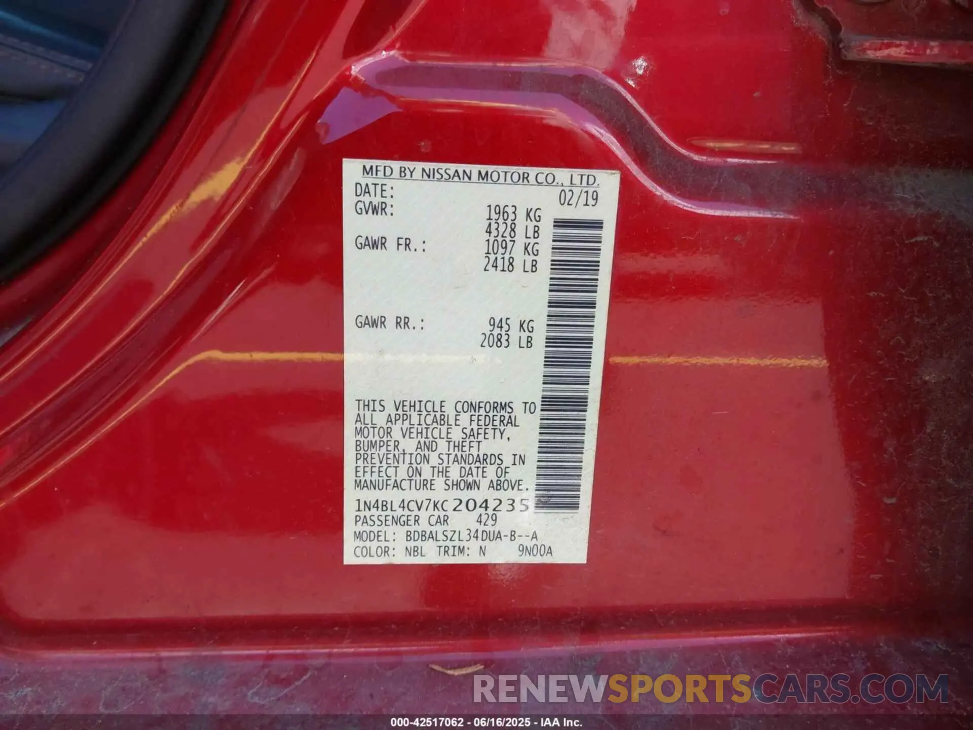 9 Photograph of a damaged car 1N4BL4CV7KC204235 NISSAN ALTIMA 2019