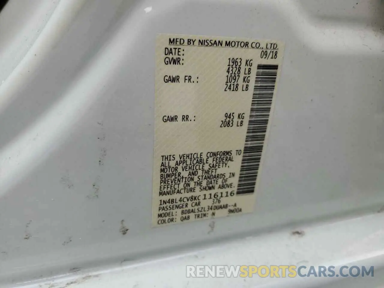 14 Photograph of a damaged car 1N4BL4CV8KC116116 NISSAN ALTIMA 2019
