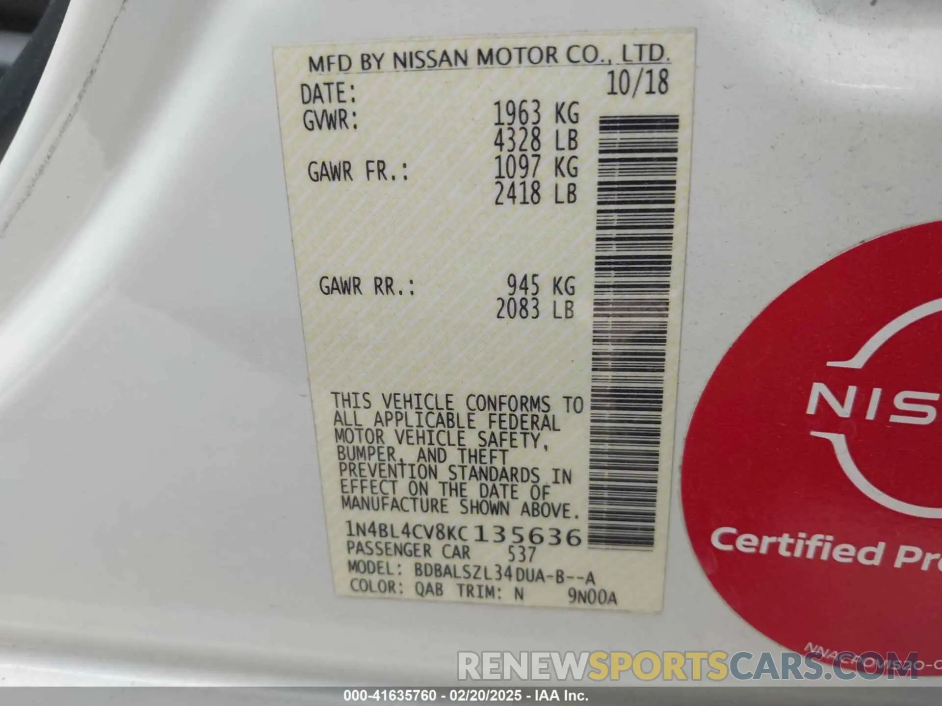 9 Photograph of a damaged car 1N4BL4CV8KC135636 NISSAN ALTIMA 2019