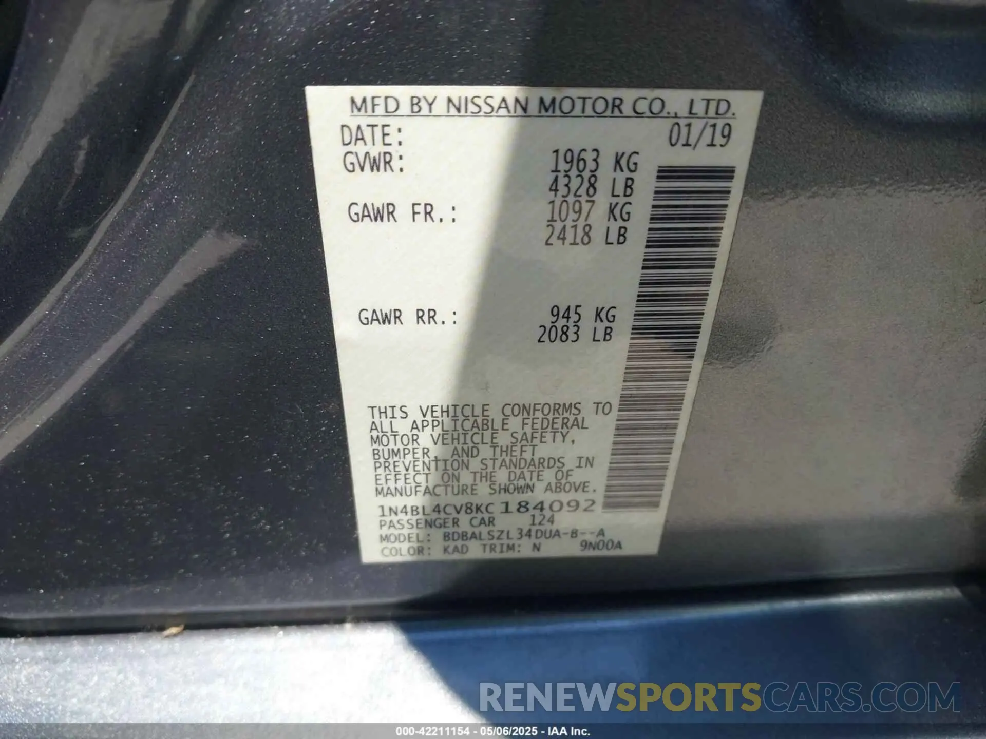 9 Photograph of a damaged car 1N4BL4CV8KC184092 NISSAN ALTIMA 2019