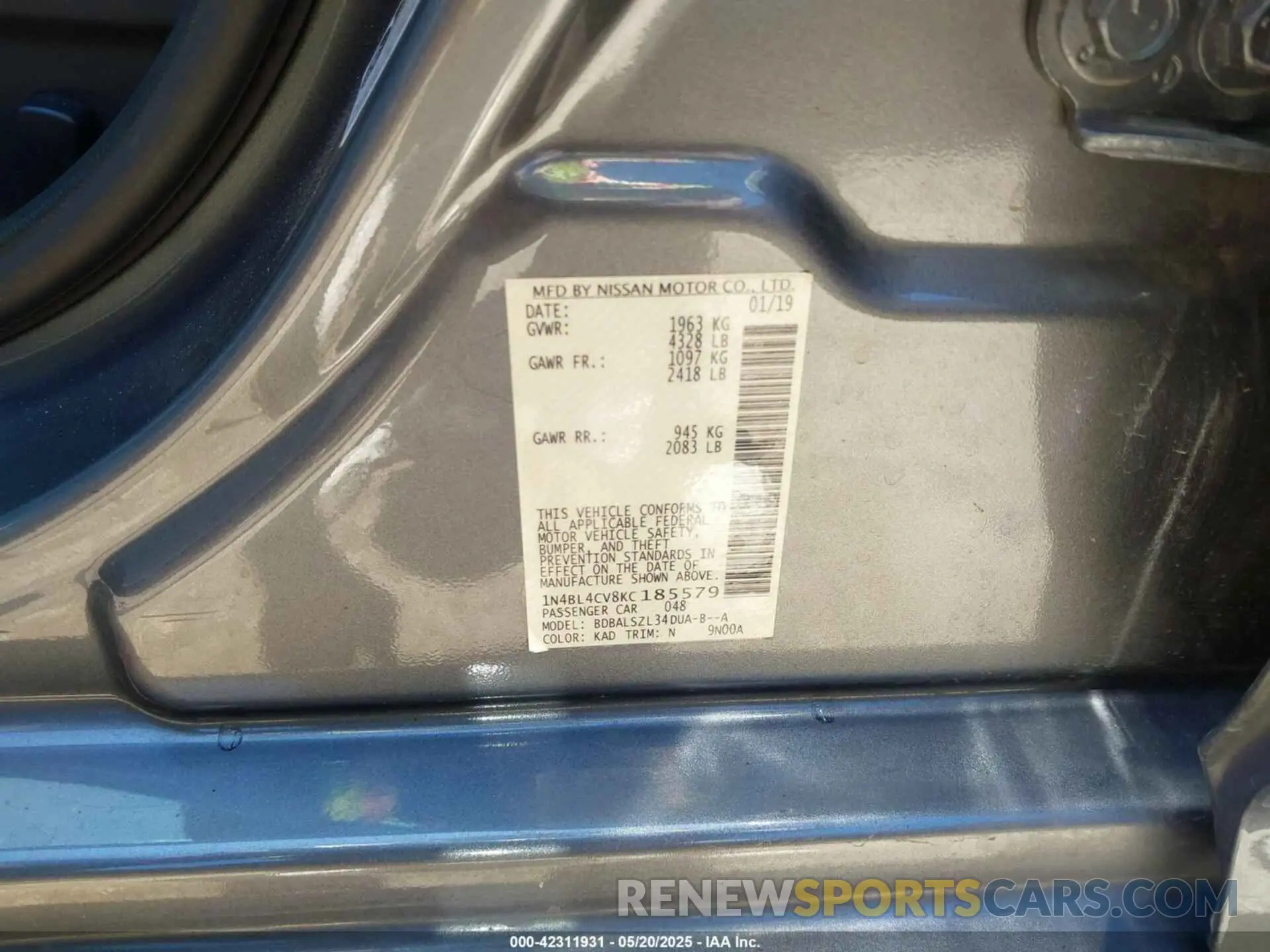 9 Фотография поврежденного автомобиля 1N4BL4CV8KC185579 NISSAN ALTIMA 2019