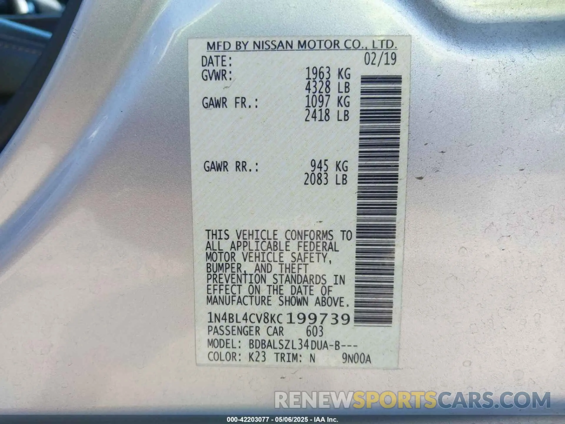 9 Photograph of a damaged car 1N4BL4CV8KC199739 NISSAN ALTIMA 2019