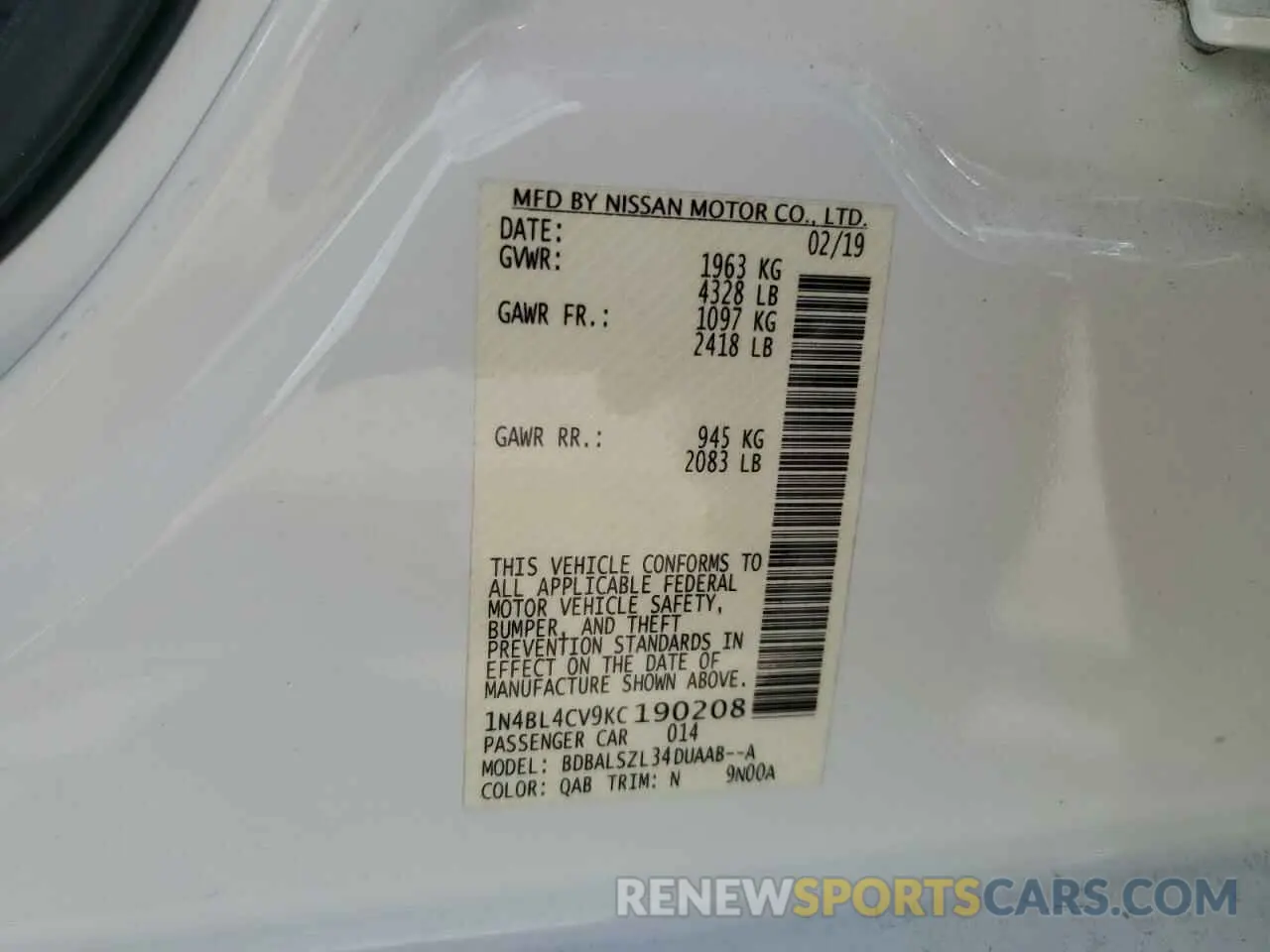 12 Photograph of a damaged car 1N4BL4CV9KC190208 NISSAN ALTIMA 2019
