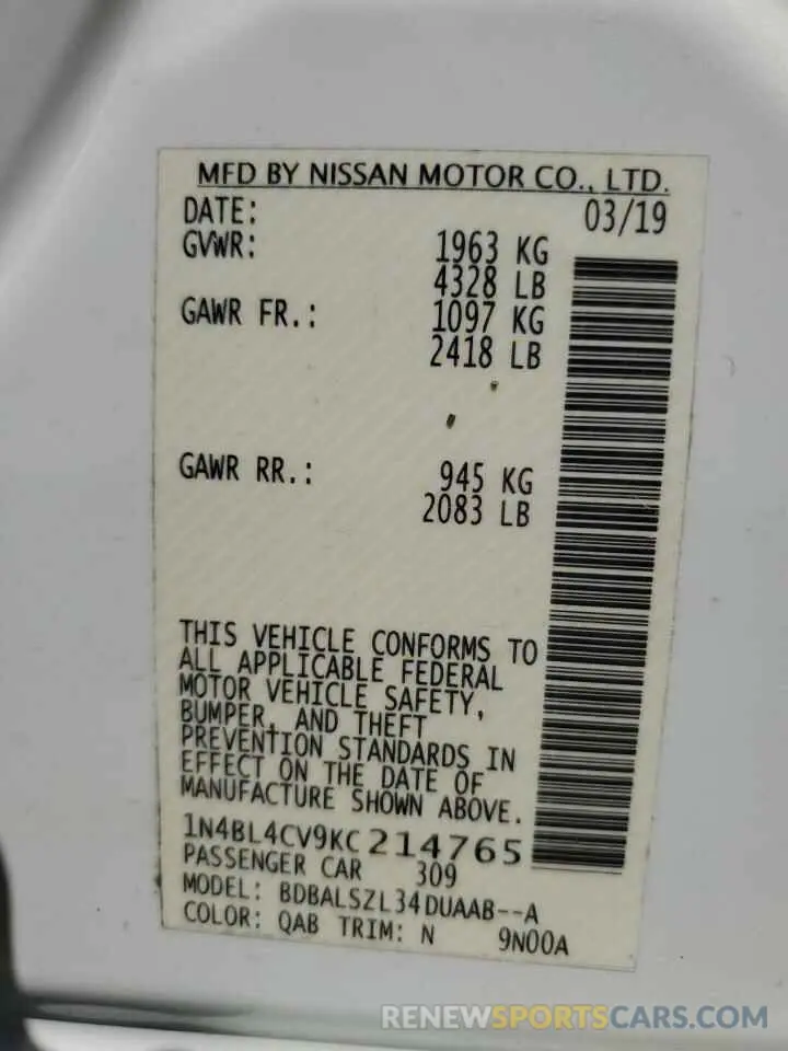 14 Фотография поврежденного автомобиля 1N4BL4CV9KC214765 NISSAN ALTIMA 2019
