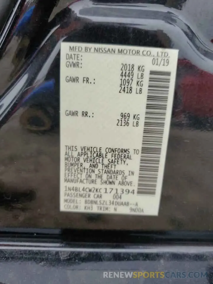 12 Фотография поврежденного автомобиля 1N4BL4CW2KC171394 NISSAN ALTIMA 2019