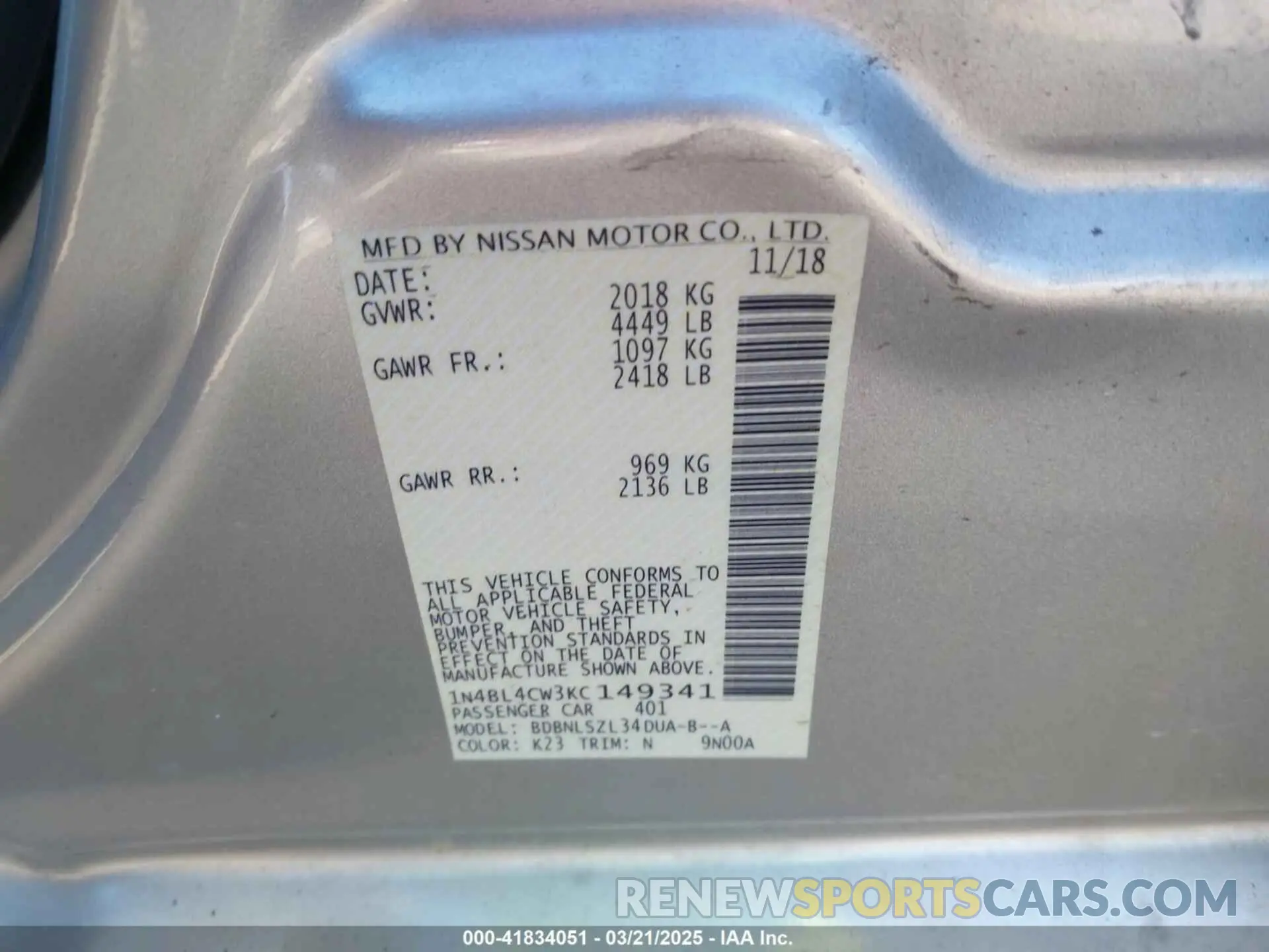 9 Фотография поврежденного автомобиля 1N4BL4CW3KC149341 NISSAN ALTIMA 2019