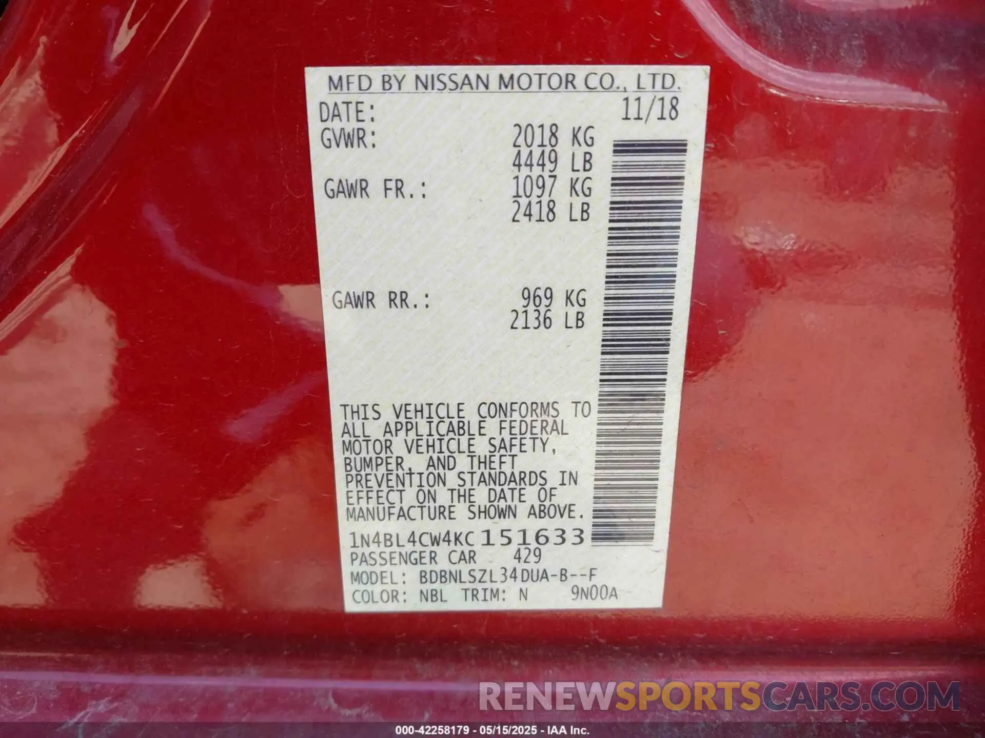 9 Photograph of a damaged car 1N4BL4CW4KC151633 NISSAN ALTIMA 2019