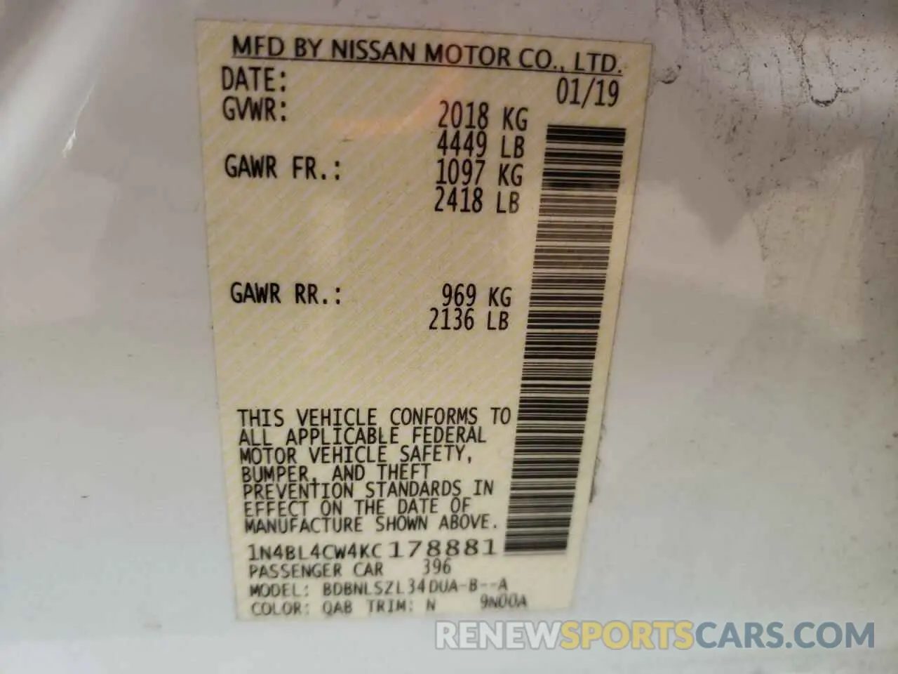12 Photograph of a damaged car 1N4BL4CW4KC178881 NISSAN ALTIMA 2019